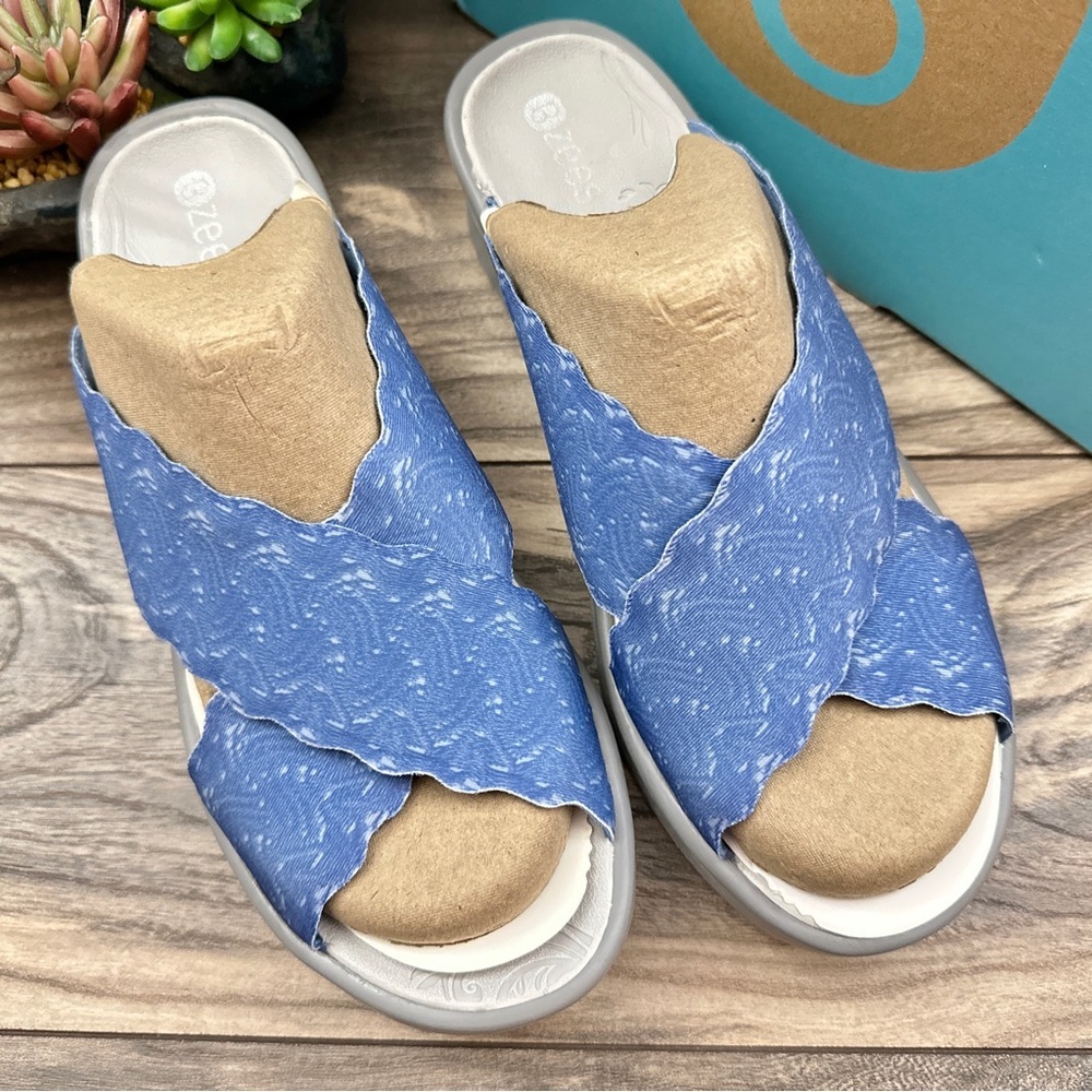 NIB Bzees Sahara Comfort Stretch Slide Wedge Sandal 8.5M 38.5 Blue - Picture 2 of 12